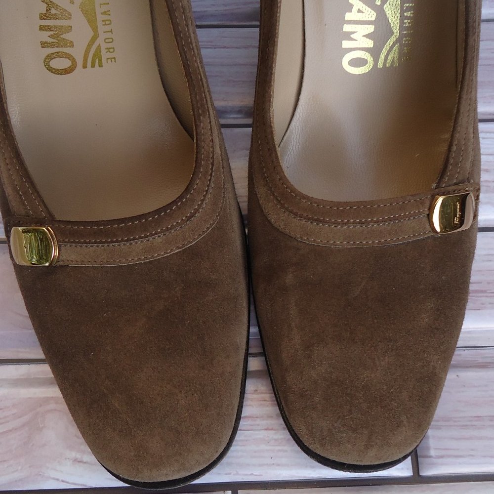 SIZE 6.5 B. Salvatore Ferragamo brown suede leather slip on heels. - Picture 2 of 16